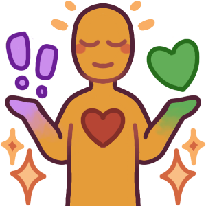  a person with a heart on their chest and a calm expression. there are little stars/sparkles around them, and small emphasis marks. the colors purple and green fade up their arms. they’re holding their hands up, below a floating pair of purple exclamation points and a green heart